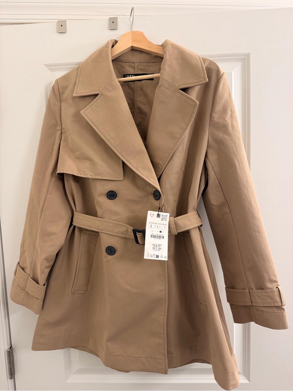 ZARA Women's Double-Breasted Short Trench Coat-Tan / Beige - Size Large (NWT)